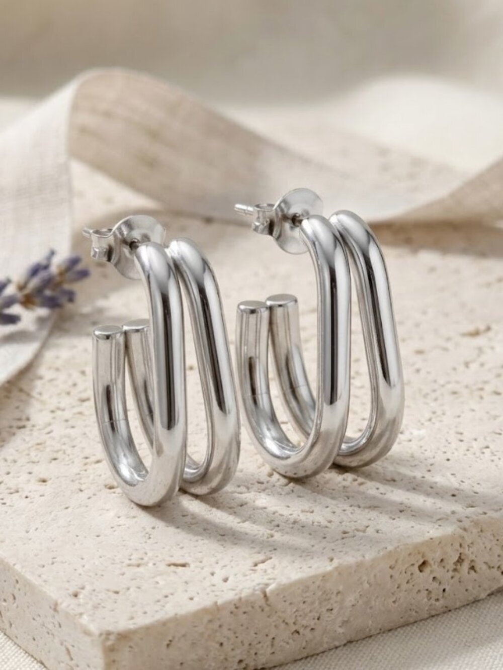 Silver Double C-Hoop Earrings 18K White Gold Plated Stainless Steel Chunky Stack